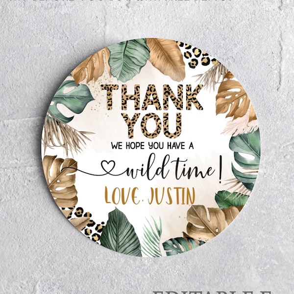 Editable Leopard Jungle Safari Boy Birthday Favors Tags Circle, Birthday Favor Leopard Safari Printable Template Circle, Wild One Gift Tags