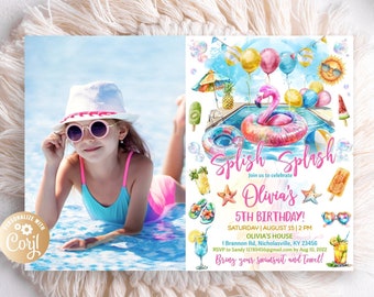Flamingo Pool Birthday Invitation, Girl Photo, Watercolor Splish Splash