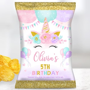 Bearbeitbare Einhorn Geburtstag Chip Taschen, Regenbogen Mädchen Rosa Einhorn Geburtstag Chip Tasche, magische Feier Party Einhorn Geburtstag Chip Taschen Tasche