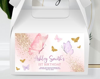 Editable Butterfly Box Label, Printable Butterfly Pink Gold Favors Gift Box Labels, Butterfly Label for Cake Box With Handle, Butterfly