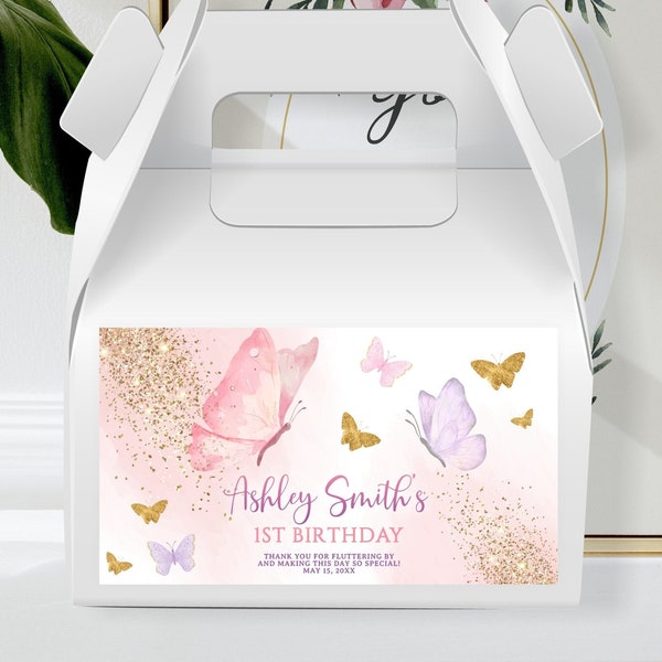 Editable Butterfly Box Label, Printable Butterfly Pink Gold Favors Gift Box Labels, Butterfly Label for Cake Box With Handle, Butterfly