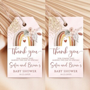 Editable Boho Rainbow Thank You Tags, Pampas Grass Baby Shower Favor ...