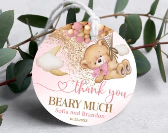 Editable Bear Girl Baby Shower Favors Tags Circle, Pink Girl Bear Baby Shower Favors Tags, Gold Bear with Balloons Decor Thank You Tags
