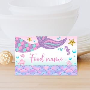 Etiquetas de comida de sirena, etiqueta de comida de sirena, sirena, descarga instantánea, tarjetas de comida editables sirena