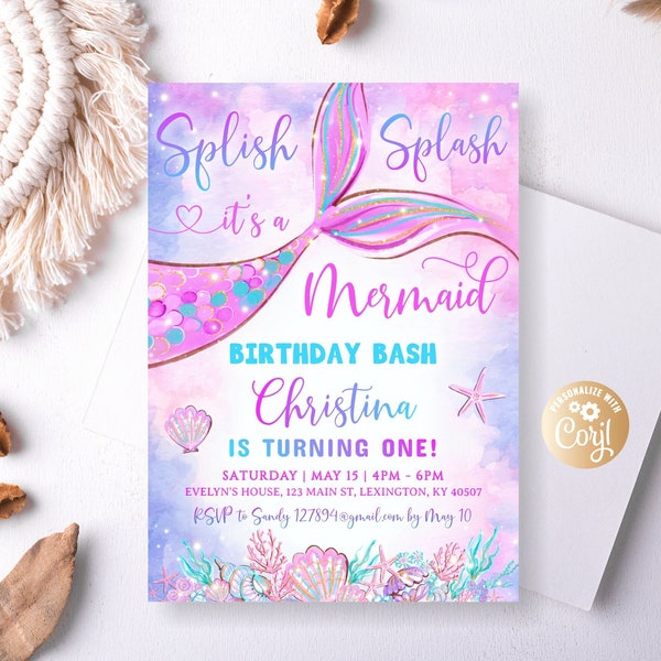 Editable Mermaid Birthday Invitation, Watercolor Mermaid Splish Splash Invitation, it's a Mermaid Birthday Bash Party Girl Birthday