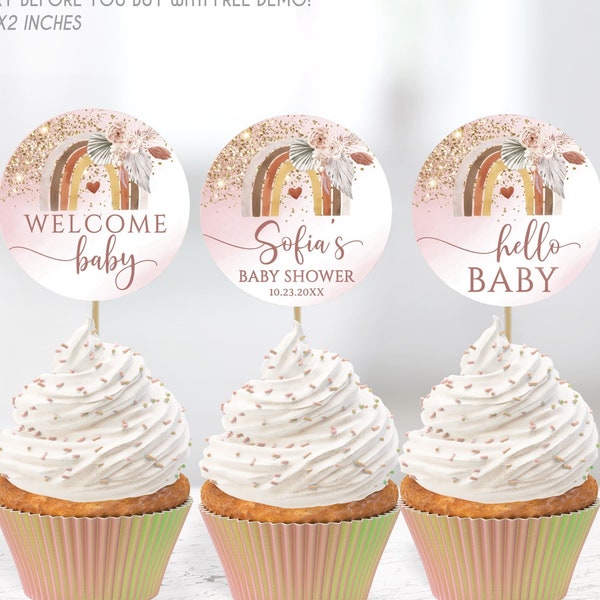 Editable Rainbow Boho Cupcake Topper Baby Shower Circle, Pampas Grass Boho Rainbow Cupcake Topper, Bohemian Baby Shower Decor Girl Gift Tags