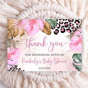 Danke Leopard-Baby-Dusche-Karte, Dankeschön-Karte Safari Dschungel-Mädchen-Baby-Dusche, rosa Leopard-Dankeschön-Karte, bearbeitbare druckbare