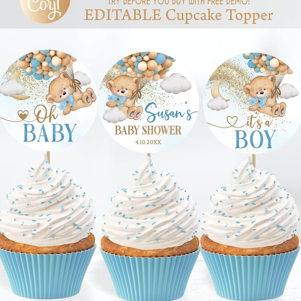 Editable Cupcake Bear Blue Gold Print Baby Shower Circle, Bear Balloons Cupcake Topper Baby Shower, Bear Boy Hot Air Balloon Blue Gold