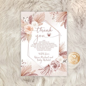 Tarjeta de agradecimiento boho editable, tarjeta de agradecimiento de baby shower de hierba de pampas, tarjeta de agradecimiento boho baby shower género hierba neutral gracias