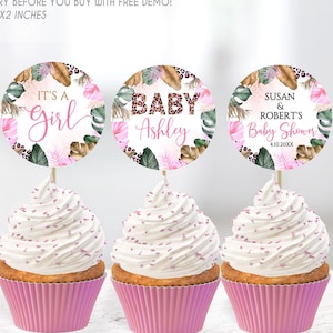 Editable Cupcake Leopard Print Baby Shower Circle, Safari Jungle Cupcake Topper Baby Shower, Cupcake Leopard Girl Pink Gold Baby Shower