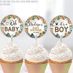 Editable Cupcake Leopard Print Baby Shower Circle , Jungle Cupcake Topper Baby Shower, Safari Boy Cupcake Topper Baby Shower Circle