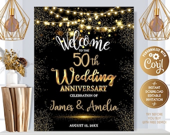 50th Wedding Anniversary Welcome Sign, Gold Wedding Anniversary Sign, Welcome Poster Gold 25th Wedding Anniversary Sign, Garland Lights