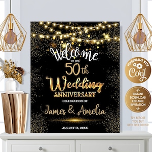 50. Hochzeitsjubiläum Willkommensschild, Goldhochzeitstagzeichen, Willkommensplakat Gold 25. Hochzeitstag Zeichen, Girlandenlichter