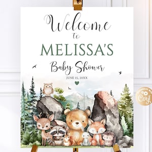 Bearbeitbares Waldjungen-Babyparty-Willkommensschild, druckbares Oh Boy-Willkommensplakat Waldtiere Junge Aquarell Berge Waldbäume Herz