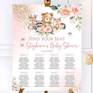 Woodland Rose Pink Find Your Seat bord babyshower, bosdieren groen coördinerende tafeltoewijzing poster stoelenkaart bord