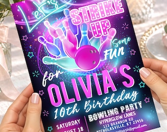 Neon Bowling Birthday Invitation, Editable Girl Party (5x7 Inches), let's strike up some fun, Glow Pink