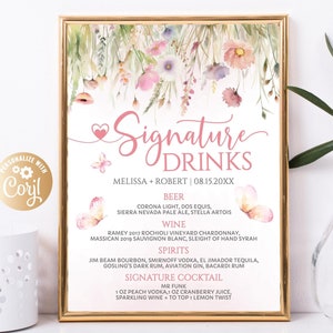 Bearbeitbare Wildblumen Signature Drinks, Schmetterling Boho Baby in Bloom Signature Drink Schild Floral Pink Bar Menü Vorlage Cocktailbar Sommer