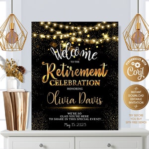 Retirement Celebration Welcome Sign, Gold Retirement Sign, Welcome Poster, Happy retirement, Retirement gift for woman, Garland Lights