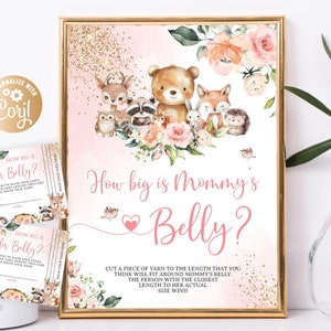 Jogo Woodland Girl Qual o tamanho da barriga da mamãe, rosa Adivinhe qual o tamanho da barriga da mamãe Jogo e cartas de animais da floresta Verde Rosa Aquarela