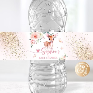 Bearbeitbare Oh Deer Flaschenetikett Babyparty, Deer Babyparty Wasserflaschenetiketten, Hirsch rosa Rosen Gold Glitter Dekor Wasserflaschenetiketten