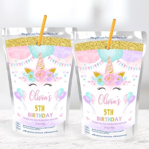 May include: Two 3.5x5 inch juice box labels featuring a unicorn with a floral crown and pastel balloons. The labels are decorated with gold glitter and say "Olivia's 5th Birthday".