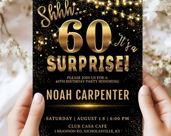 Surprise 60th Birthday Invitation, Editable Template, Elegant Gold