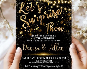 May include: A black rectangular invitation card with gold text reading Let's Surprise Them, 50th Wedding Anniversary Party in honor of Donna & Allen, Saturday December 18, 6:00 PM, Club Casa Cafe, 123 Brannon Rd, Nicholasville, KY, RSVP to Sandy.