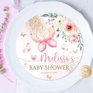 Editable Butterfly Girl Charger Plate Insert Butterfly Pink Reception Dinner Charger Plate Insert Gold Glitter Watercolor Pink Rose Greenery