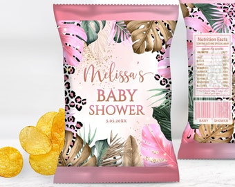 Pacotes de Salgadinhos Editáveis para Chá de Bebê com Estampa de Leopardo para Menina, Safari Dourado para Menina, Pacote de Salgadinhos Rosa para Chá de Bebê com Estampa de Leopardo, Pacotes de Salgadinhos Editáveis para Chá de Bebê com Estampa de Leopardo