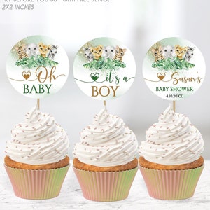 Editable Cupcake Oh Boy Safari Jungle Baby Shower Circle, Jungle Animals Cupcake Topper Baby Shower, Boy Wild One it&#39;s a Boy Greenery Safari