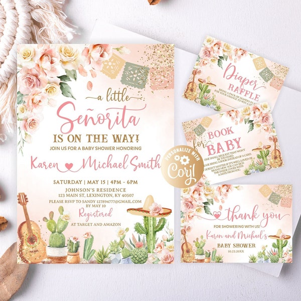 Fiesta Baby Shower Set Invitation Pink Girl, Mexican Baby Shower Bundle A little Senorita Cactus Rose Vintage Boho Watercolor Roses Greenery