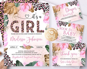 Könnte beinhalten: Rosa-goldene Babyparty-Einladung mit Leopardenmuster. Die Einladung lautet "Es ist ein Mädchen" und enthält den Namen "Melissa Johnson".