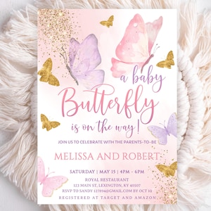 Create a magical baby shower celebration with this editable pink, purple and gold butterfly invitation designed for a sweet baby girl party