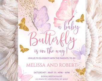 Create a magical baby shower celebration with this editable pink, purple and gold butterfly invitation designed for a sweet baby girl party