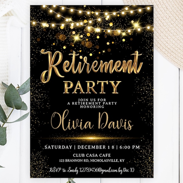 Elegant Black White Gold Retirement Party Invitation Template, Shimmer Glitter Surprise Birthday Dinner Download
