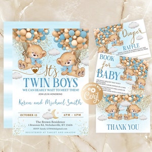 Set di inviti per baby shower per ragazzi gemelli con orso, pacchetto di inviti We Can Bearly Wait modificabili, set di inviti per baby shower per ragazzi gemelli con mongolfiera