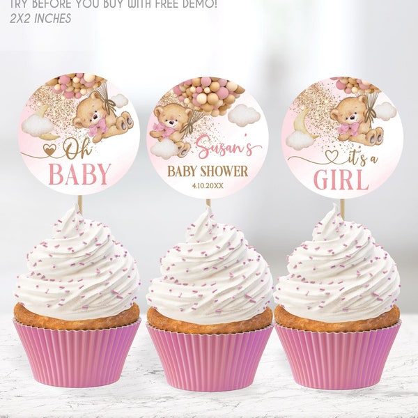 Editable Cupcake Bear Pink Gold Print Baby Shower Circle, Bear Balloons Cupcake Topper Baby Shower, Bear Girl Hot Air Balloon Pink Gold
