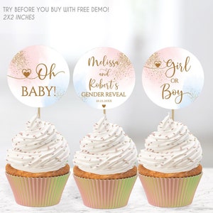 Editable He or She Cupcake Topper Baby Shower Circle, Boy or Girl Cupcake Topper, Gender Reveal Baby Shower Decor Blue and Pink Gift Tags