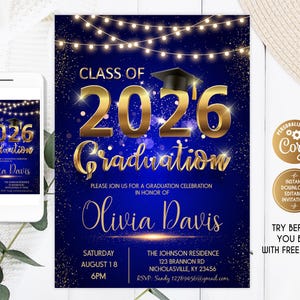 Graduation Royal Blue Invitation, Graduation 2026 Party Invitation, Giorenix Graduation Party, Editable Gold Graduation Party College Grad