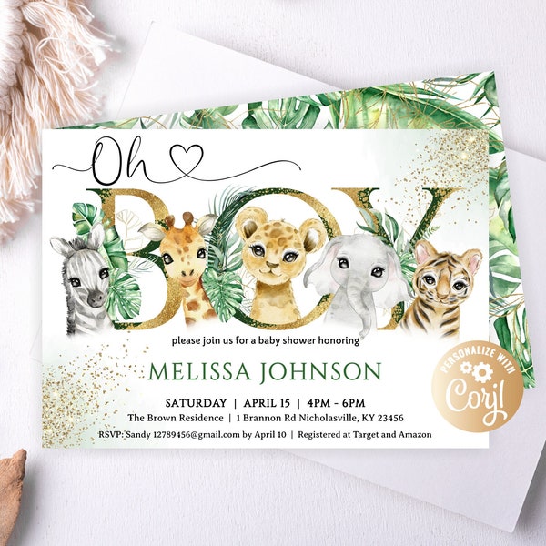 Safari Baby Shower Invitation Boy, Jungle Greenery template Gold, Safari Baby Shower Invitation, Editable Safari Boy Baby Shower Invitation