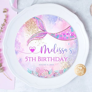 Bearbeitbare Meerjungfrau Geburtstag Lila Ladeteller Einfügen Meerjungfrau Geburtstagsaufnahme Abendessen Ladeteller Einfügen Lila Gold Meerjungfrau Aquarell
