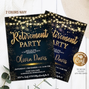 Retirement Party Invitation Navy, Navy Invitation Gold Sparkle Glitter, Navy Editable Retirement Party Invitation Template Navy