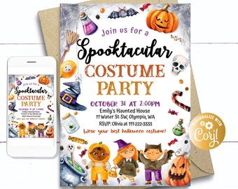 May include: A Halloween-themed invitation with the text "Spooktacular Costume Party" in orange and black. The invitation features watercolor illustrations of pumpkins, bats, and costumed children. A smartphone displays the same design.