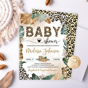 Editable Boy Leopard Baby Shower Invite, Safari Jungle Boy Baby Shower Invitation, Floral Boy Gold Baby Shower, Safari Animals Invitation