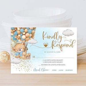 Carte RSVP de ballons d'ours, garçon bleu répond à la douche de bébé, ours bleu d'or avec des ballons que nous pouvons attendre, modèle RSVP de douche de bébé d'ours