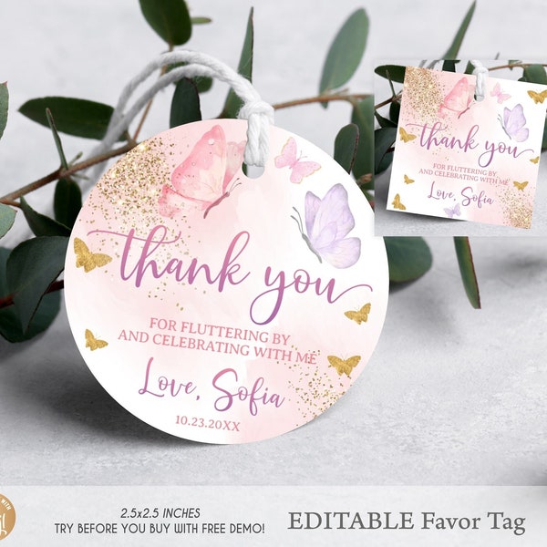 Editable Butterfly Birthday Favors Tags Circle, Butterfly Birthday Party Favors Tags Butterfly Pink Gold Thank You Gift Tags Purple Lavender