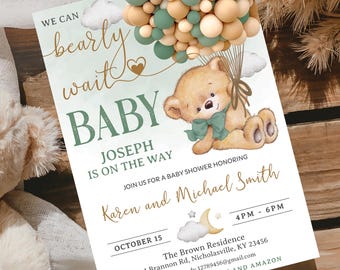Sage Green Bear Baby Shower Invitation, We Can Bearly Wait Boho Woodland Boy Invite