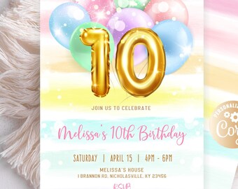 May include: A colorful birthday invitation with a gold foil number 10 surrounded by pastel balloons. The invitation reads "Join us to celebrate Melissa's 10th Birthday" and includes the date, time, and location of the party. The text "Personalize with Coryl" is in a gold circle with a gear icon.