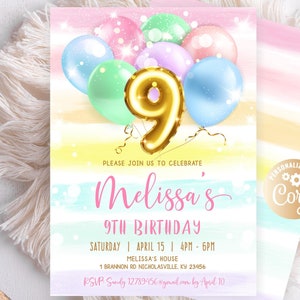 Faire-part fille 9e anniversaire, Faire-part neuvième anniversaire rose et or, 9e anniversaire, Faire-part rose, Faire-part or, ballons arc-en-ciel