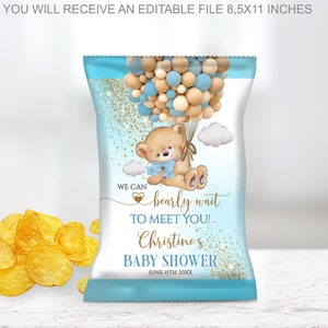 Editable Bear Chip Bags, Blue Bear Baby Shower Chip Bag, Gold Boy, Editable Blue Bear with Balloons Baby Shower Chip Bags,  Chip Bag Label